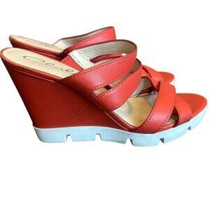 Charly Amar Leather Wedge Sandals Slides Bold Coral Strappy Size 10 Women's